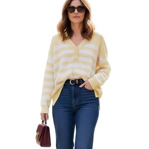 PINK Victoria's Secret Yellow White Striped Henley V-Neck Knit Sweater Large